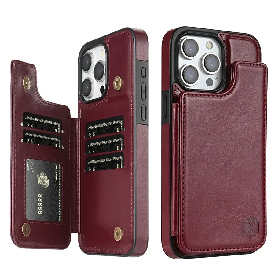 Leather Phone Case with Card Slots and Magnetic Closure