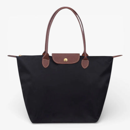 Nylon Carry Bag with Leather Trim and Zipper Closure for Women