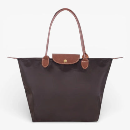 Nylon Carry Bag with Leather Trim and Zipper Closure for Women