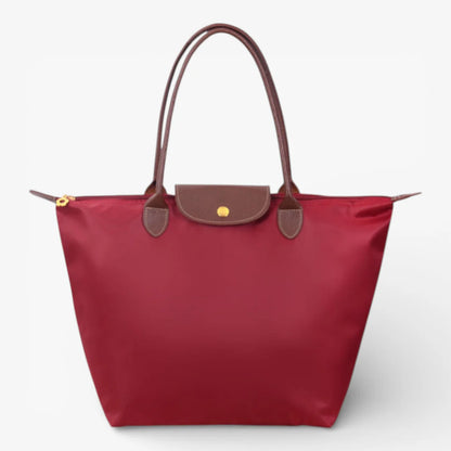 Nylon Carry Bag with Leather Trim and Zipper Closure for Women