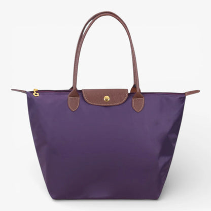 Nylon Carry Bag with Leather Trim and Zipper Closure for Women