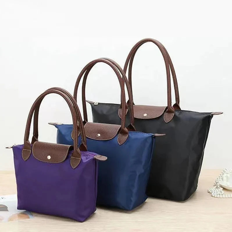 Nylon Carry Bag with Leather Trim and Zipper Closure for Women