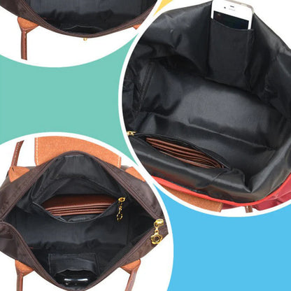 Nylon Carry Bag with Leather Trim and Zipper Closure for Women
