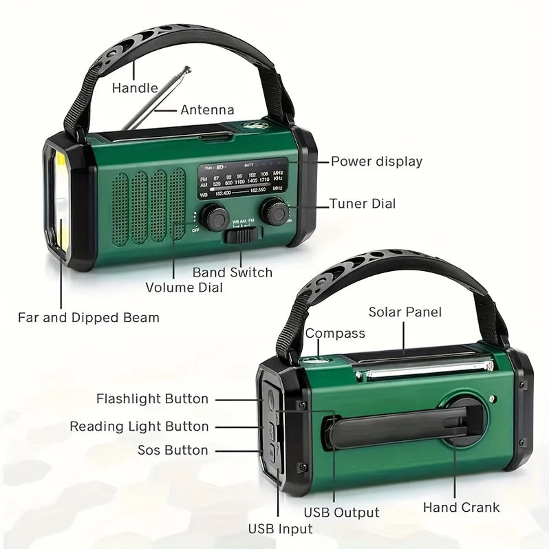 Emergency Radio with Flashlight, Solar and Hand Crank USB Charger