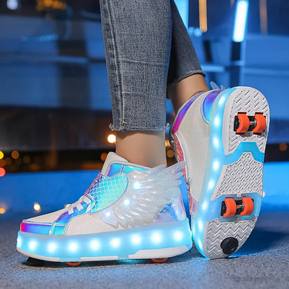 Light Up Roller Skate Sneakers With Wings, USB Rechargeable For Girls And Teens