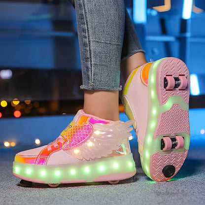 Light Up Roller Skate Sneakers With Wings, USB Rechargeable For Girls And Teens