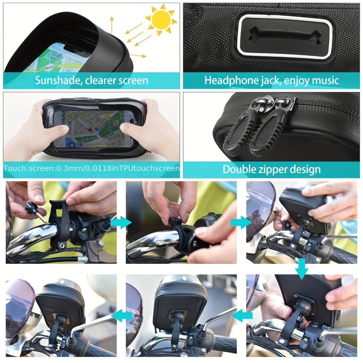 Waterproof Bike and Motorcycle Phone Holder, 360° Rotating Handlebar Bag