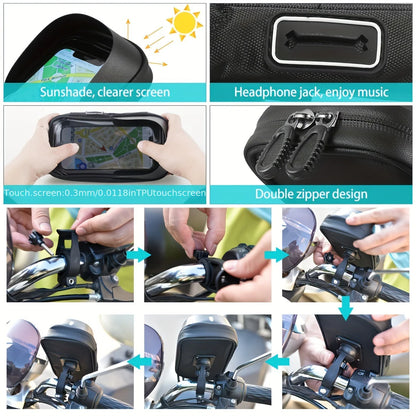 Waterproof Bike and Motorcycle Phone Holder, 360° Rotating Handlebar Bag