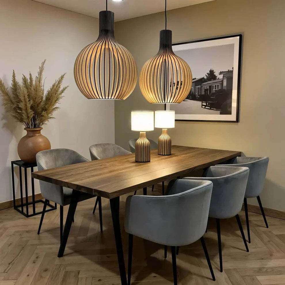 Wooden Pendant Lamp, Vintage Adjustable Hanging LED Light