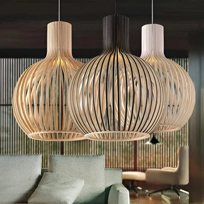Wooden Pendant Lamp, Vintage Adjustable Hanging LED Light