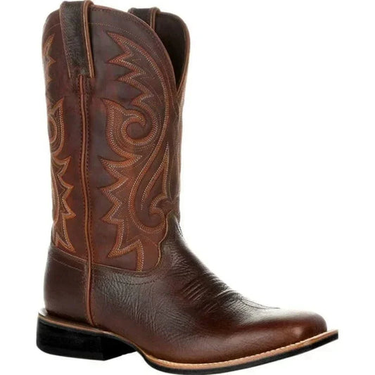 Leather Cowboy Boots for Men, Embroidered Retro Western Mid Calf