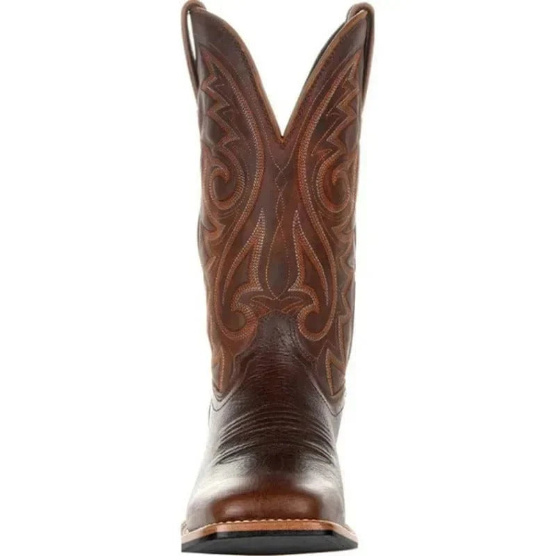 Leather Cowboy Boots for Men, Embroidered Retro Western Mid Calf