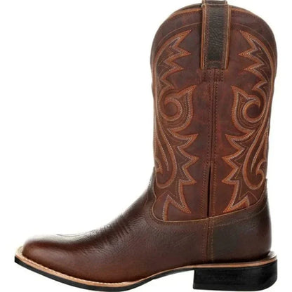 Leather Cowboy Boots for Men, Embroidered Retro Western Mid Calf
