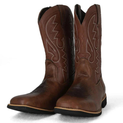 Leather Cowboy Boots for Men, Embroidered Retro Western Mid Calf