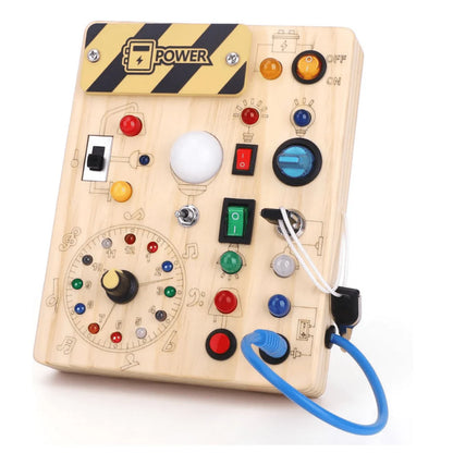 Busy Board Montessori Toy, Wooden Sensory Activity Board with LED Lights
