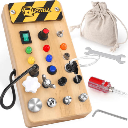 Busy Board Montessori Toy, Wooden Sensory Activity Board with LED Lights