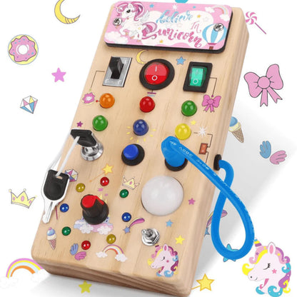 Busy Board Montessori Toy, Wooden Sensory Activity Board with LED Lights