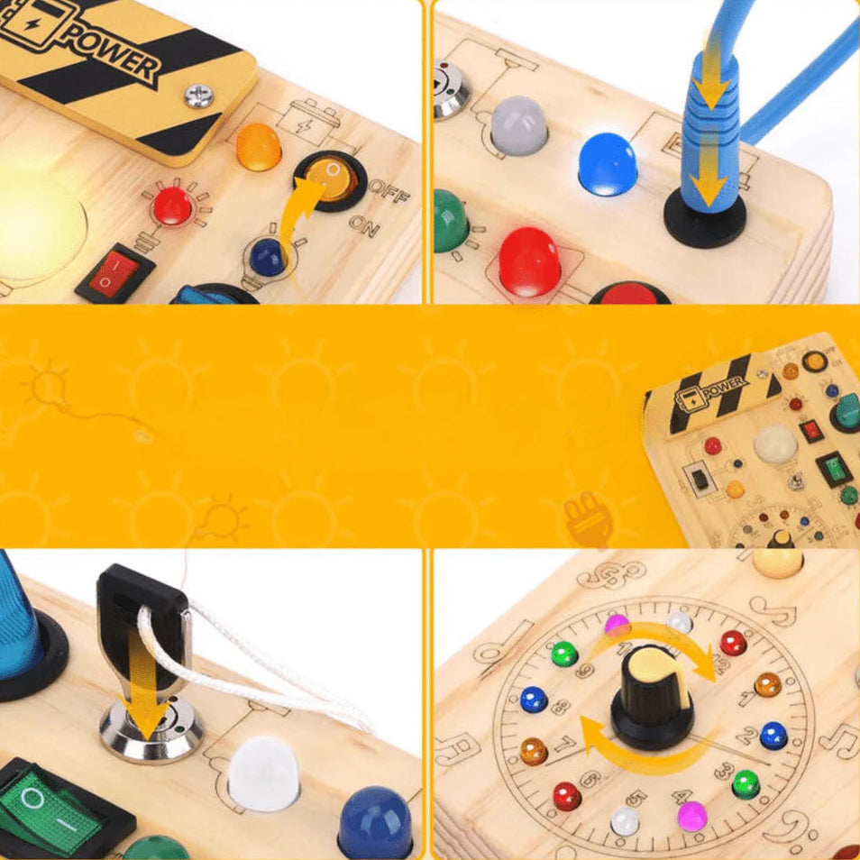Busy Board Montessori Toy, Wooden Sensory Activity Board with LED Lights