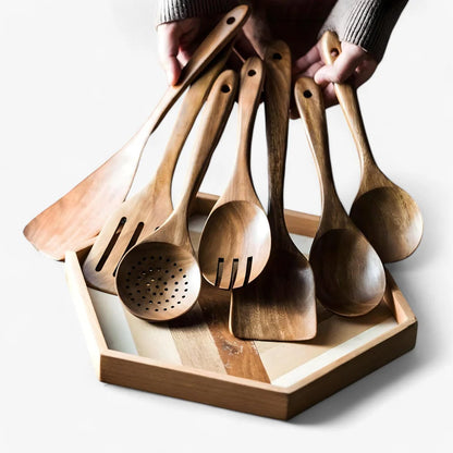 Teak Wood Kitchen Utensil Set, 9 Piece Cooking Tools with Holder