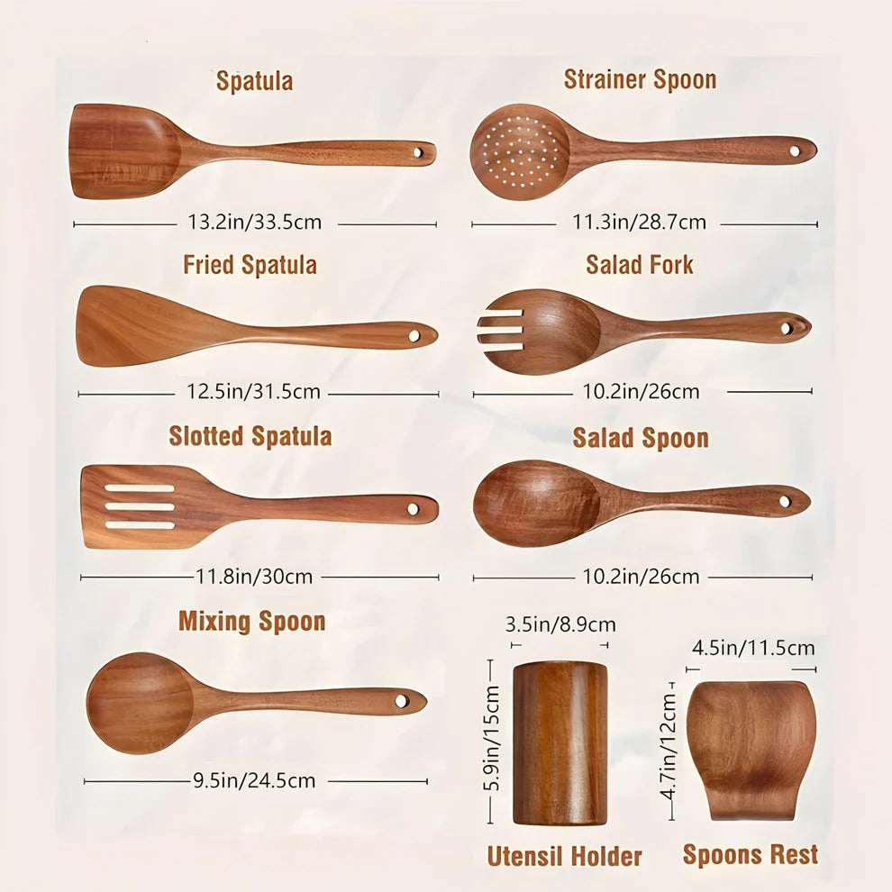 Teak Wood Kitchen Utensil Set, 9 Piece Cooking Tools with Holder