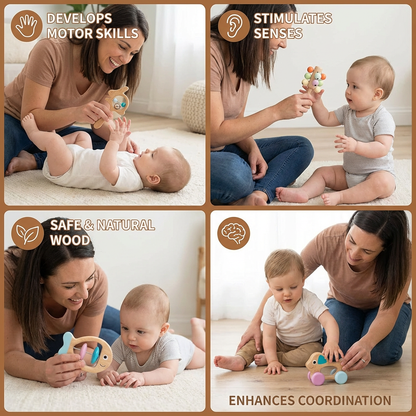 Wooden Baby Rattle Set with Soft Sounds and Multiple Grip Shapes for Newborns