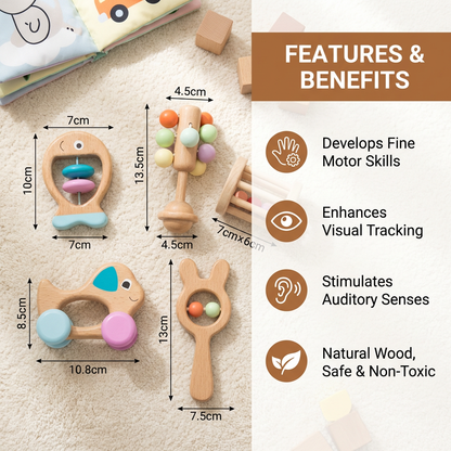 Wooden Baby Rattle Set with Soft Sounds and Multiple Grip Shapes for Newborns