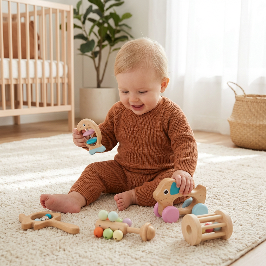 Wooden Baby Rattle Set with Soft Sounds and Multiple Grip Shapes for Newborns