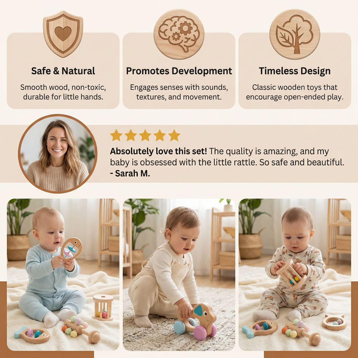 Wooden Baby Rattle Set with Soft Sounds and Multiple Grip Shapes for Newborns