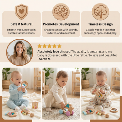 Wooden Baby Rattle Set with Soft Sounds and Multiple Grip Shapes for Newborns