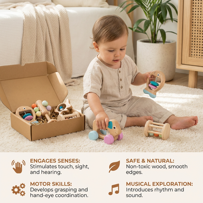 Wooden Baby Rattle Set with Soft Sounds and Multiple Grip Shapes for Newborns