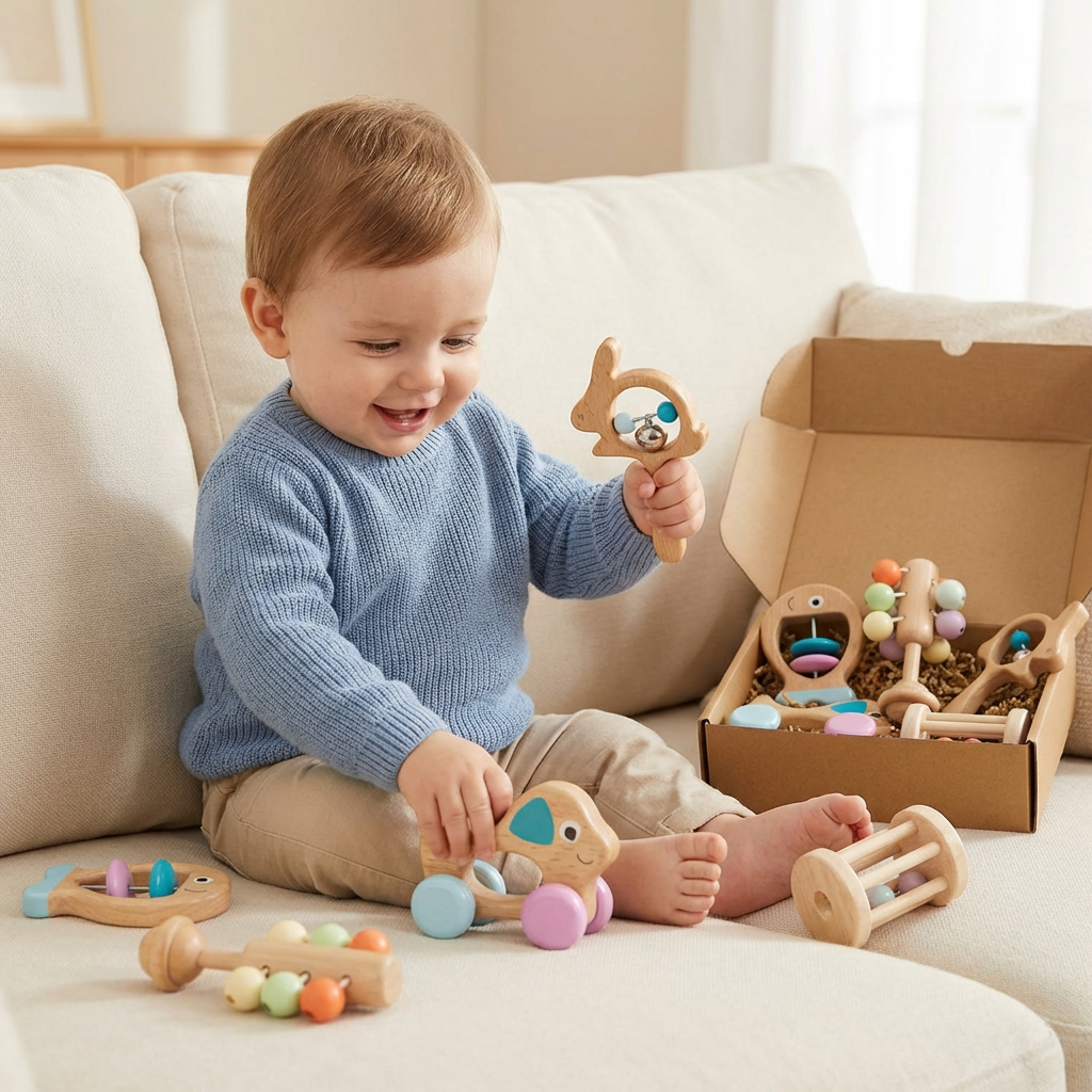 Wooden Baby Rattle Set with Soft Sounds and Multiple Grip Shapes for Newborns