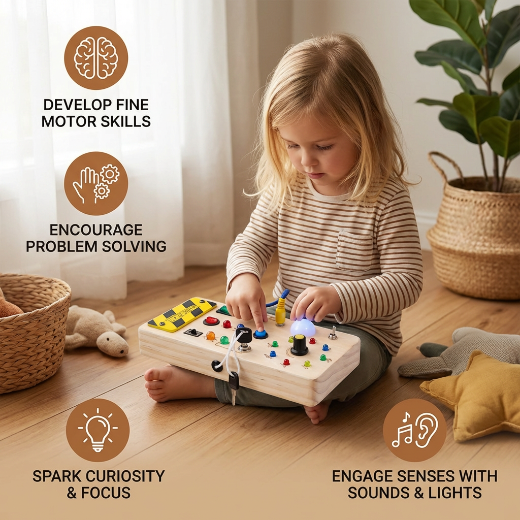 Wooden Sensory Board with Lights and Switches Activity Toy for Kids