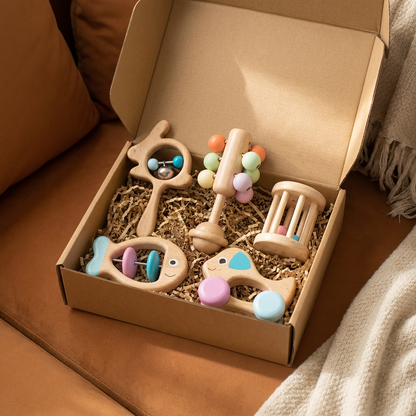 Wooden Baby Rattle Set with Soft Sounds and Multiple Grip Shapes for Newborns
