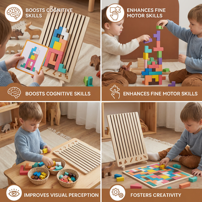Wooden Shapes Puzzle with Geometric Blocks and Shape Matching Slots for Kids