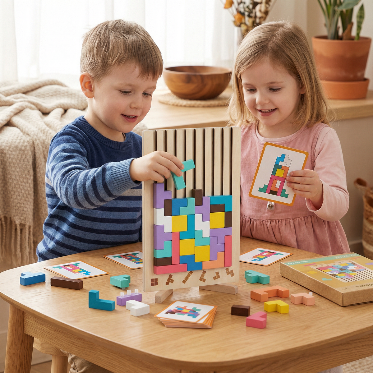 Wooden Shapes Puzzle with Geometric Blocks and Shape Matching Slots for Kids