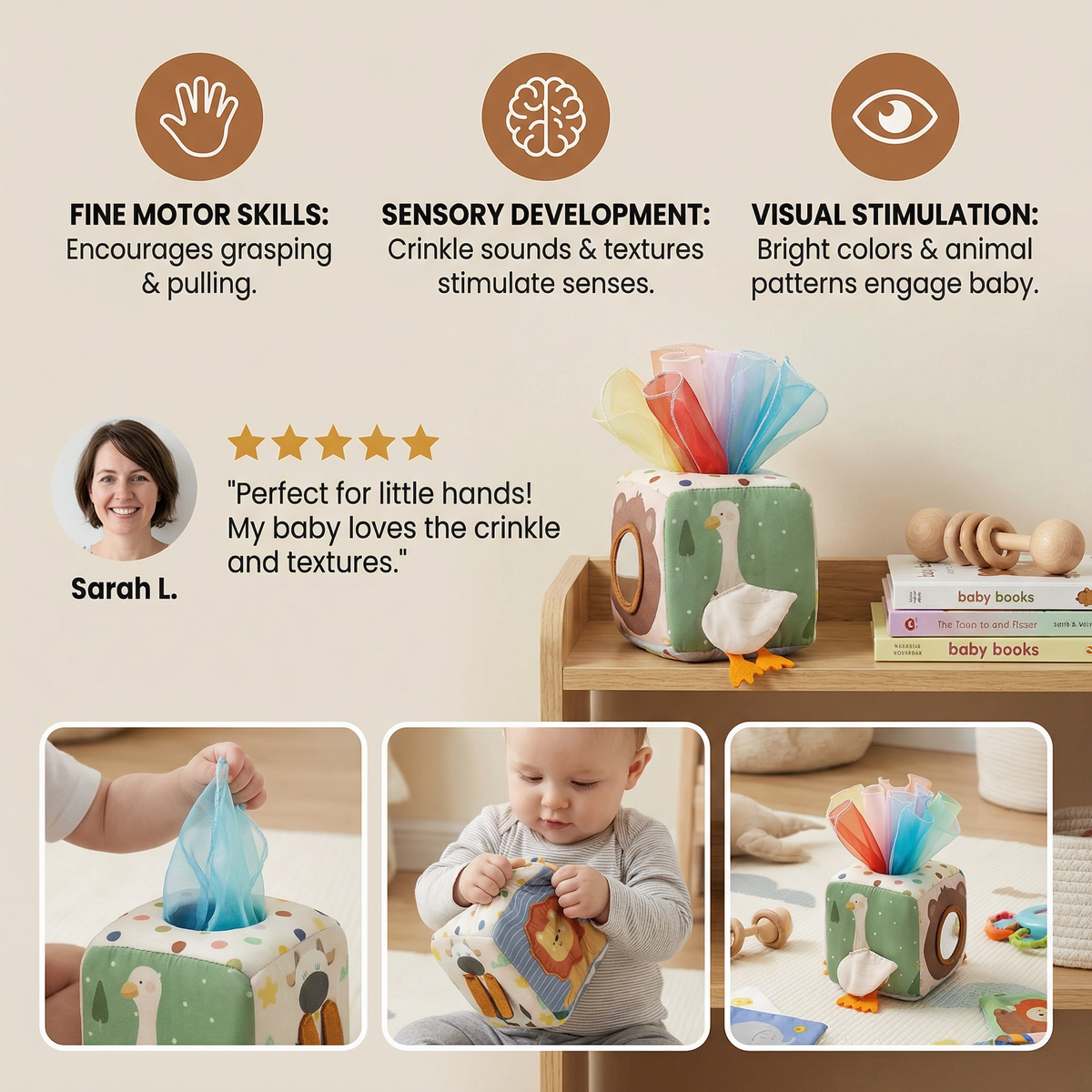 Sensory Tissue Box with Crinkle Fabrics and Colorful Textures for Babies