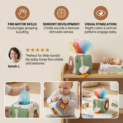 Sensory Tissue Box with Crinkle Fabrics and Colorful Textures for Babies