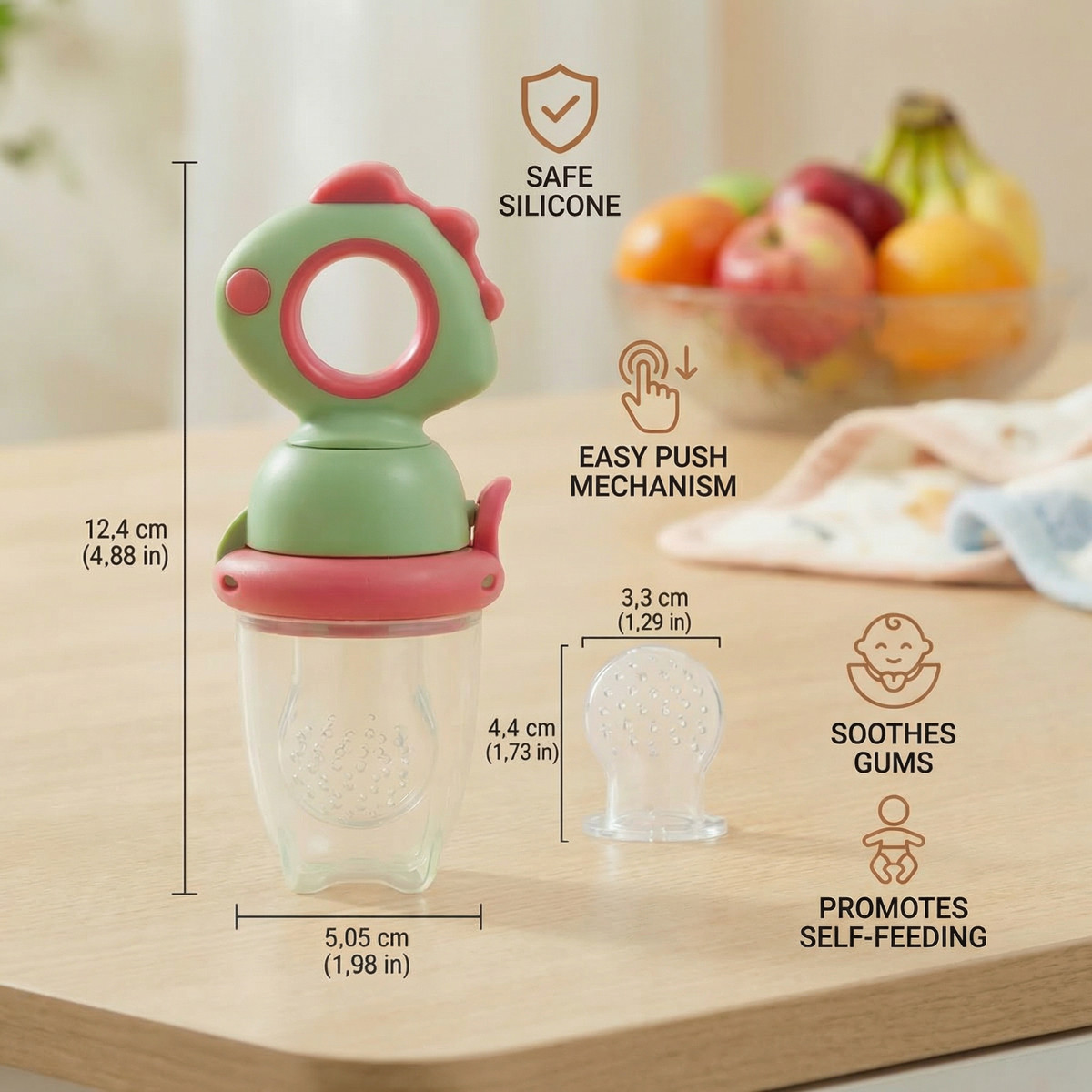 Baby Fruit Feeder with Soft Silicone Tip and Press Mechanism