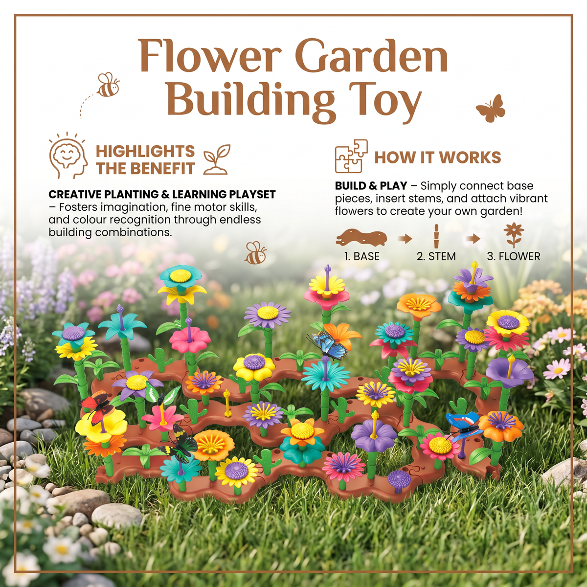 Flower Garden Pegging Toy Set for Kids with Colorful Peg Pieces