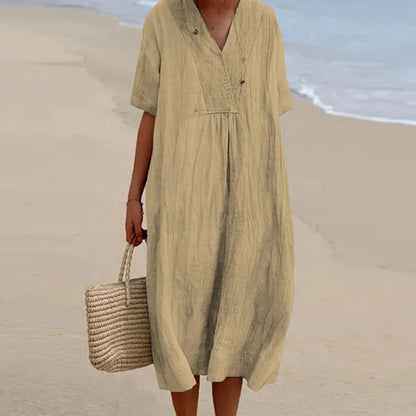 Summer Linen Midi Dress  V-Neck Loose Fit Design - Product example