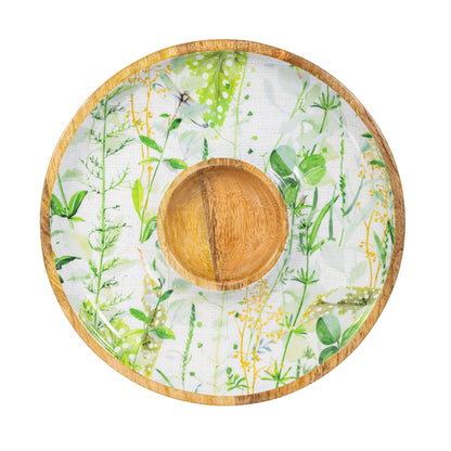Round Chip and Dip Platter with Center Well and Veranda Garden Pattern, 13.5 Inch