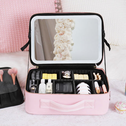 Makeup Organizer Case with Adjustable LED Mirror and Multiple Compartments