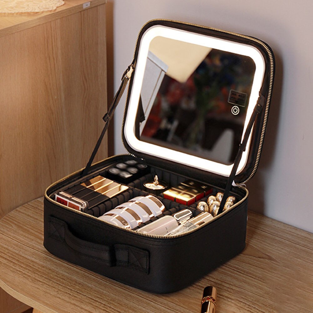Makeup Organizer Case with Adjustable LED Mirror and Multiple Compartments