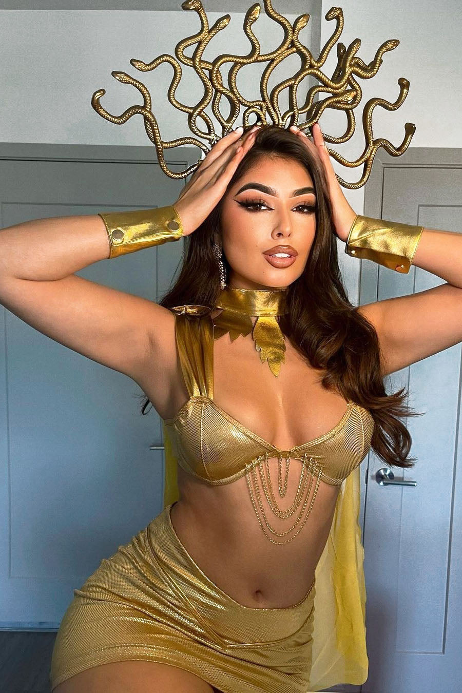 Gold Serpent Costume Set with Draped Top, Mini Skirt, and Snake Headpiece