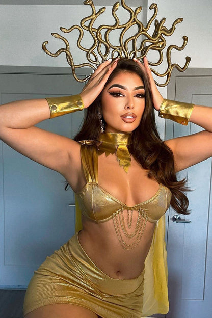 Gold Serpent Costume Set with Draped Top, Mini Skirt, and Snake Headpiece