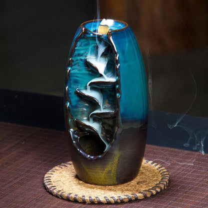 Backflow Incense Burner with Mountain Design and 50 Cones, Ceramic Waterfall