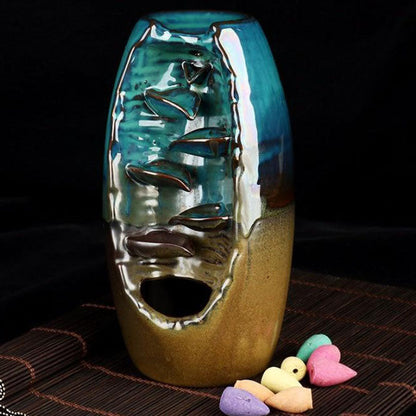 Backflow Incense Burner with Mountain Design and 50 Cones, Ceramic Waterfall
