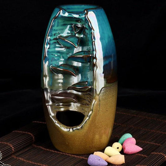 Backflow Incense Burner with Mountain Design and 50 Cones, Ceramic Waterfall