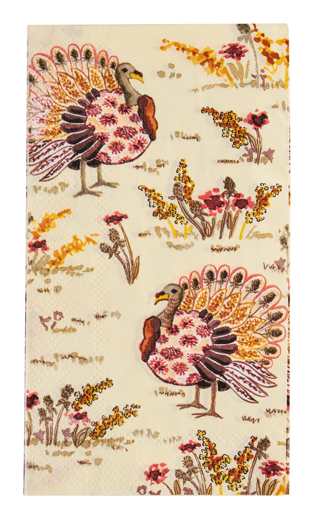 Transform your Thanksgiving table with the Amber Harvest Guest Towels by Sophistiplate, featuring illustrated turkeys with colorful plumage standing among yellow, red, and brown wildflowers on a light background—a festive autumn-themed pattern perfect for holiday napkins.