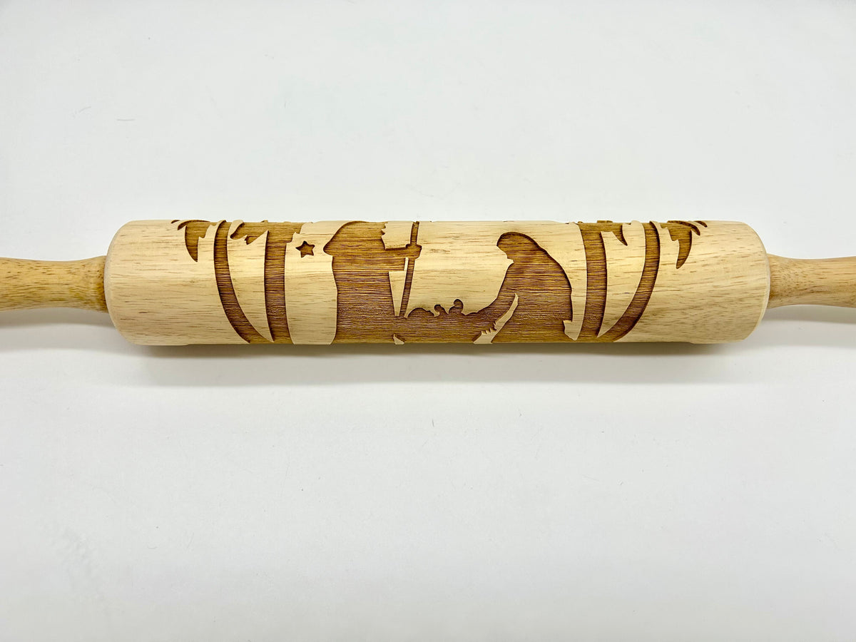 Embossed Rolling Pin Carved with a Nativity Scene for Sugar Cookies, Springerle, Gingerbread, Fondant and Clay